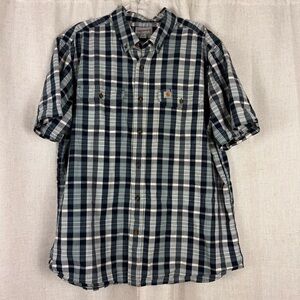 Carhartt Shirt Mens Size XL Short Sleeves Relaxed Fit White Blue Plaid Cotton